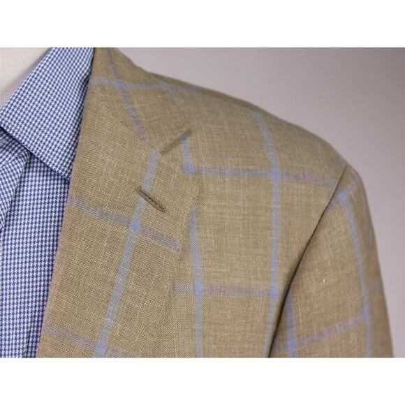 Faconnable by R. Caruso Lt Brown w/ Sky Blue Windowpane Wool-Silk Sportcoat 48L - Picture 4 of 12
